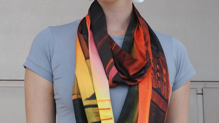 Model wearing Yumi Morrissey's NFSA building scarf