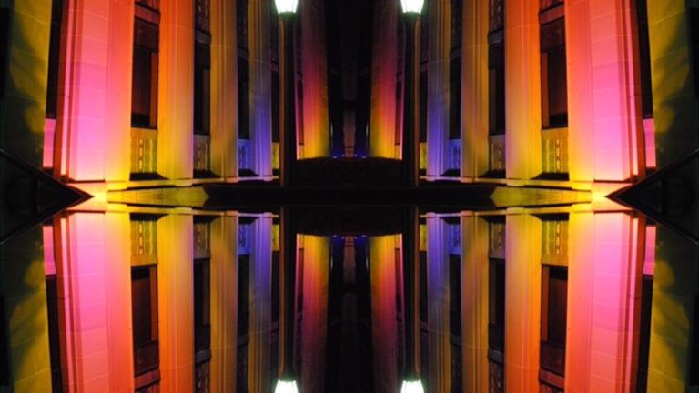 Yumi Morrissey's fabric pattern, featuring the NFSA building, illuminated at night
