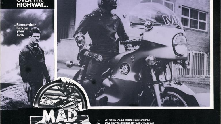 Lobby card for Mad Max shows Goose (Steve Bisley) astride his motorbike. Lobby card for Mad Max shows Goose (Steve Bisley) astride his motorbike.
