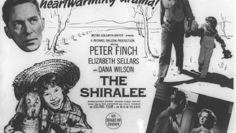 The Shiralee lobby card with four images from the film. Text reads: Australia's mosy heartwarming drama! The Shiralee lobby card with four images from the film. Text reads: Australia's mosy heartwarming drama!