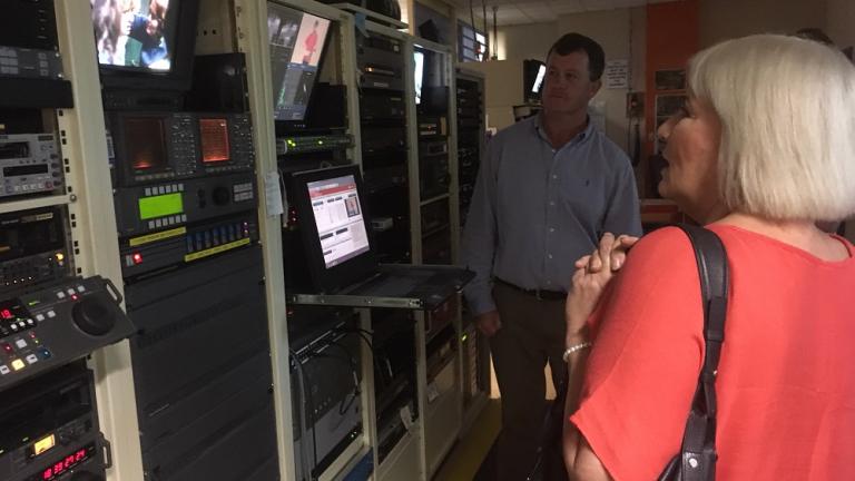 Amanda Muggleton looking at one of her scenes with Val Lehmann, in our video digitisation area.