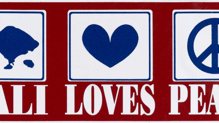 Bali Loves Peace bumper sticker A bumper sticker that says 'Bali loves peace'.