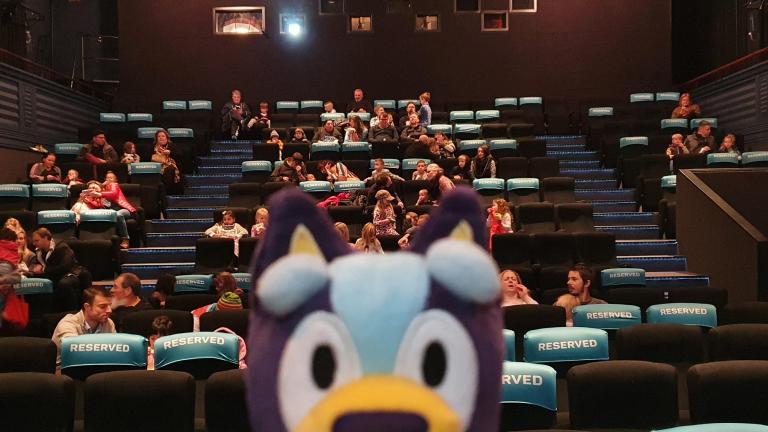 Bluey Pyjama Party The Bluey Pyjama Party held at the NFSA on 1 August 2020, featuring a Bluey plush doll in front of the audience.