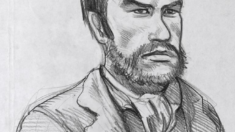 Heand and shoulders pencil sketch of Heath Ledger as Ned Kelly