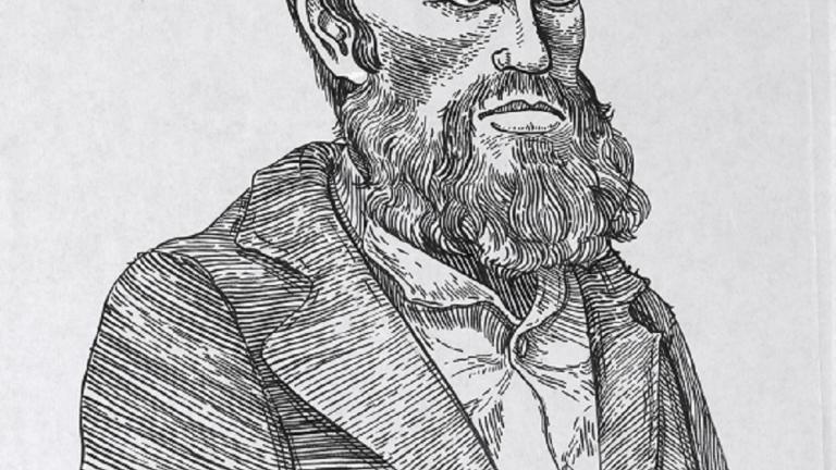 Head and shoulders ink drawing of Heath Ledger as Ned Kelly.