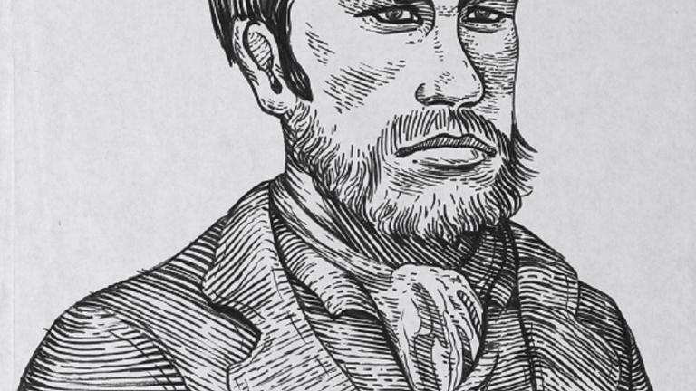 Head and shoulders ink drawing of Heath Ledger as Ned Kelly.