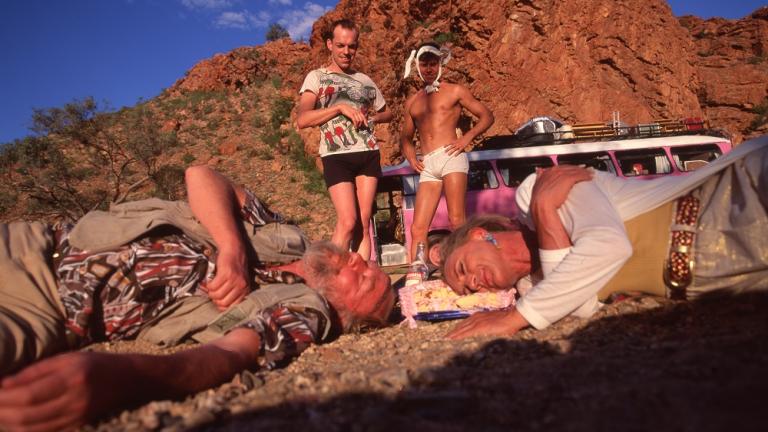 Bill Hunter and Terrence Stamp taking a nap , while Hugo Weaving and Guy Pearce look on.