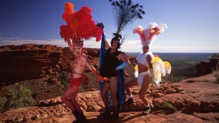 Hugo Weaving, Terence Stamp and Guy Pearce in costume on the edge of Kings Canyon.