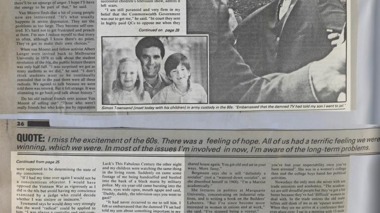 Newspaper article about Simon Townsend's activism against the Vietnam war in the late 1960s.