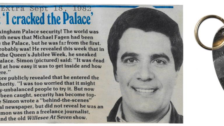 Newspaper article about Simon Townsend at Buckingham Palace. A close-up of Simon's face is included with the article. Next to the article is an oval-shaped silver key ring from Buckingham Palace.
