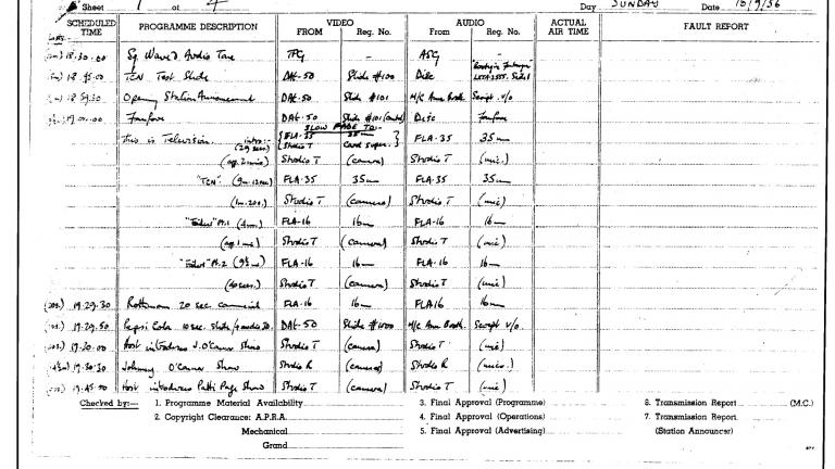 TCN9 Daily programme master log page 1 from 16 September 1956