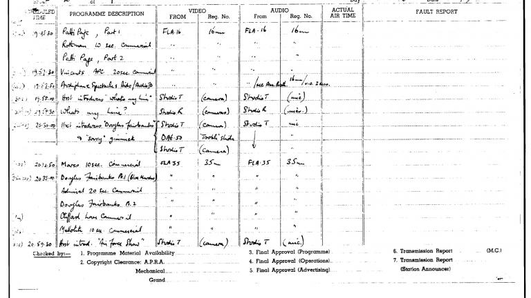 TCN9 Daily programme master log page 2 from 16 September 1956