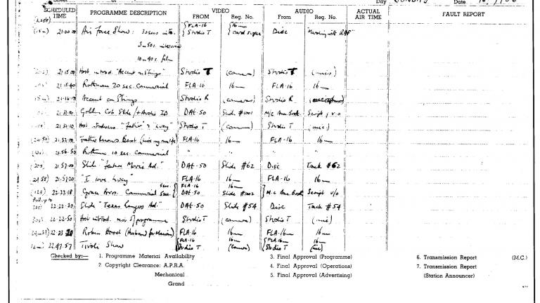 TCN9 Daily programme master log page 3 from 16 September 1956