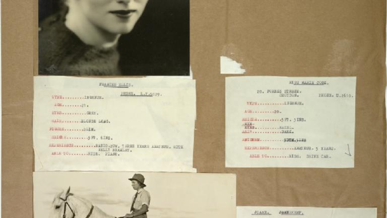 Cinesound Casting book_image 8 Page from a Cinesound Casting book showing 2 photographs of young women, one on a horse