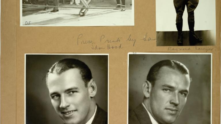 Cinesound Casting book_image 12 Page from a Cinesound Casting book showing 3 photographs of young men striking different poses and photo of a kangaroo boxing