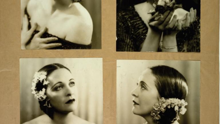 Cinesound Casting book_image 13 Page from a Cinesound Casting book showing 4 photographs a of young woman striking different poses