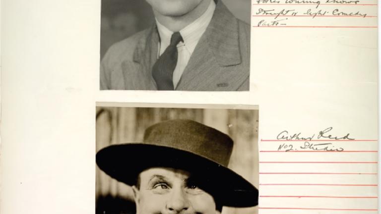 Cinesound Casting books_image 16 Page from a Cinesound Casting book showing 2 photographs of young men striking different poses. One is gurning at the camera.