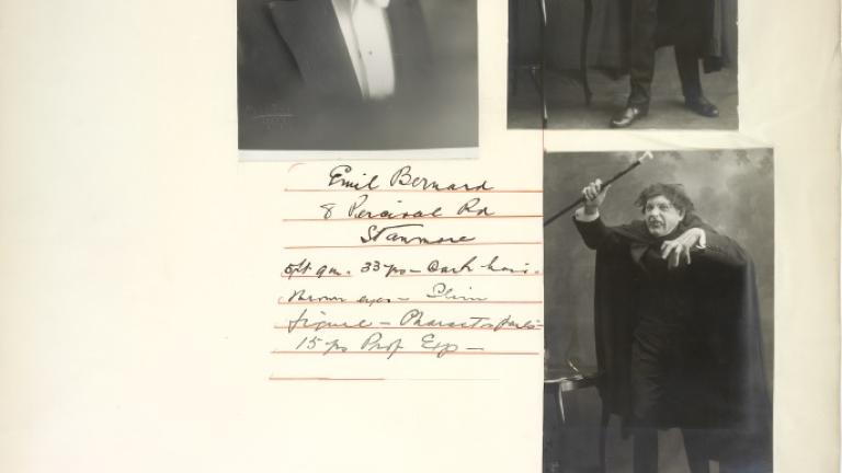 Cinesound Casting books_image 17 Page from a Cinesound Casting book showing 3 photographs a young man. In 2 of them he is dressed like a Dr Jeckyl and Mr Hyde character