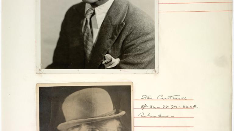 Cinesound Casting books_image 18 Page from a Cinesound Casting book showing 2 photographs of young men making clownish faces at the camera