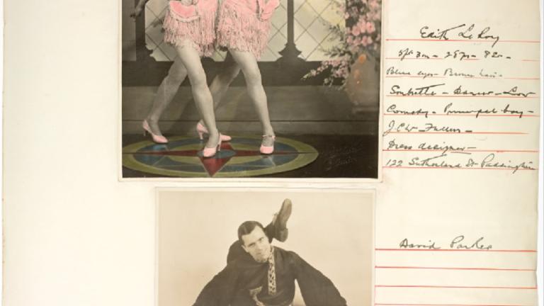 Cinesound Casting books_image 20 Page from a Cinesound Casting book showing 2 photographs. One of 2 girls dancing. Another of of a male contortionist