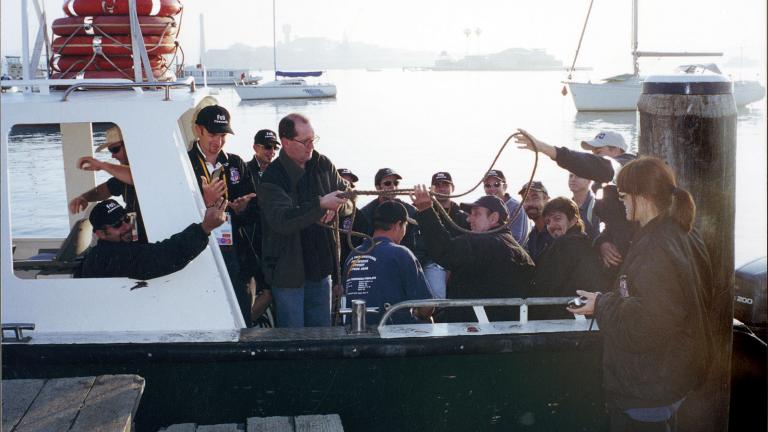 Pyrotechnics crew on Sydney Harbour Karen Hewitt with pyrotechnics crew on Sydney Harbour