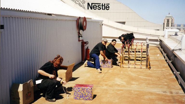 Preparing pyrotechnics for New Year's Eve, Sydney 2000 Karen Hewitt and crew preparing pyrotechnics for New Year's Eve, Sydney 2000