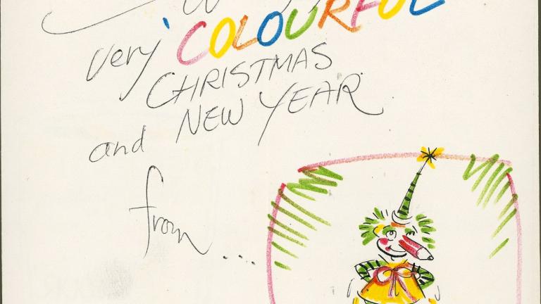 Mr Squiggle card_ 'colourful' is in multiple colours The word 'colourful' is in multiple colours on this handmade Christmas card also featuring Mr Squiggle