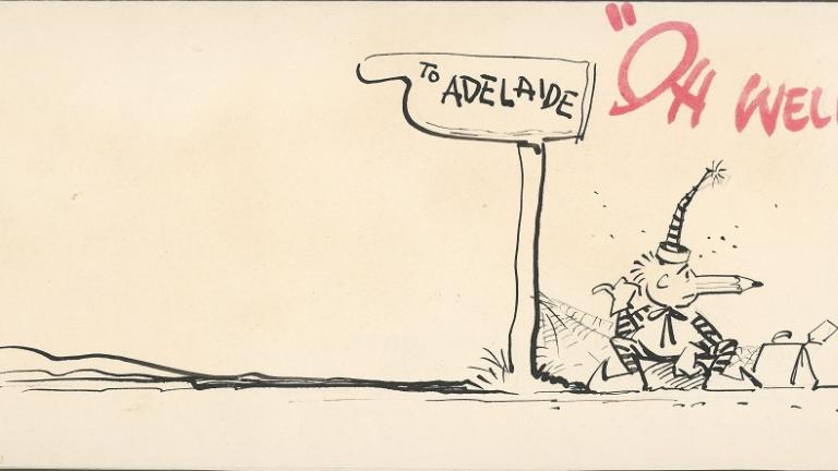Mr Squiggle card Red and black card showing Mr Squiggle hitchhiking next a sign saying, 'To Adelaide'