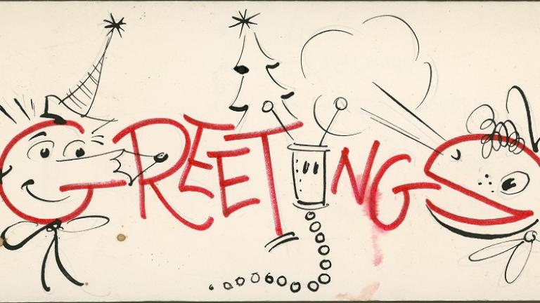 Mr Squiggle card_Greetings The cartoon heads of Mr Squiggle and Bill Steamshovel form both the letter G and S in the word 'Greetings' on this Christmas card