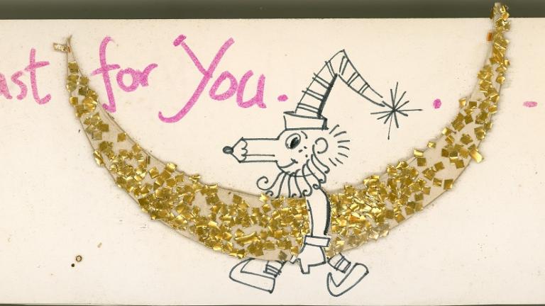 Mr Squiggle card_carrying a glittery moon A cartoon charatcter carries a drawing of a moon covered in gold glitter under his arm