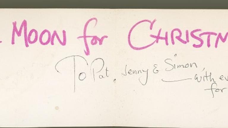 Mr Squiggle card_ 'The moon for Christmas' The pink text reads, 'The moon for Christmas'