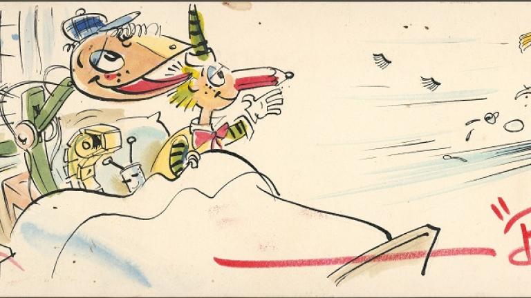 Mr Squiggle card_characters in bed with an a woman running out of the room Drawing of three cartoon characters in bed with an a woman running out of the room and an alarm clock ringing
