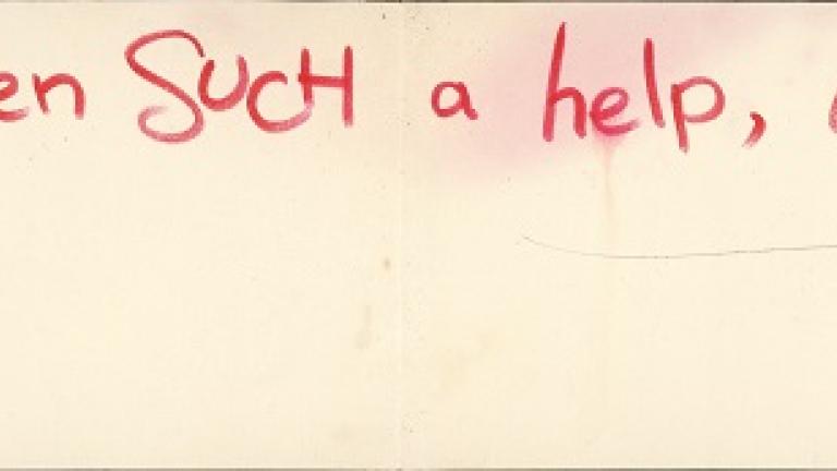 Mr Squiggle card_'You have such a help, Miss Pat' 'You have such a help, Miss Pat' written is red