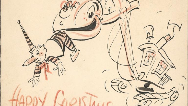 Mr Squiggle card_steam shovel holding Mr Squiggle in its mouth Handmade Christmas card shows a cartoon steam shovel holding another character in its mouth