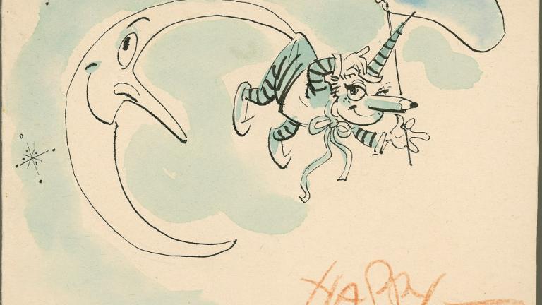 Mr Squiggle card_hanging off a crescant moon Handmade Christmas card showing a cartoon character hanging off a crescant moon