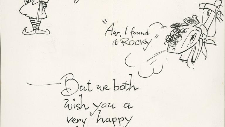 Mr Squiggle card_reference to Picnic at Hanging Rock Black and white cartoon characters wishing Pat Lovell good luck