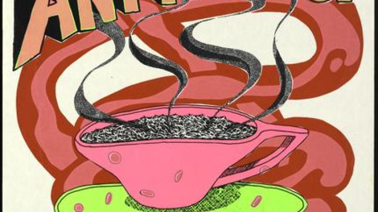 Bright pink, green, red and black on white poster. Image of a teacup and saucer, steam rising. Text: Mental as Anything: Charlies Hotel Chatswood, July Thur. 24th. Bright pink, green, red and black on white poster. Image of a teacup and saucer, steam rising. Text: Mental as Anything: Charlies Hotel Chatswood, July Thur. 24th.