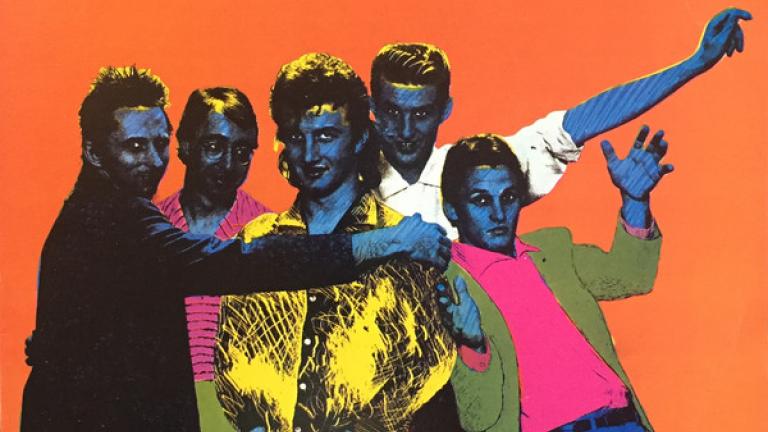 Mental As Anything 'Get Wet' album cover showing the band in lurid colours against an orange background. Mental As Anything 'Get Wet' album cover showing the band in lurid colours against an orange background.