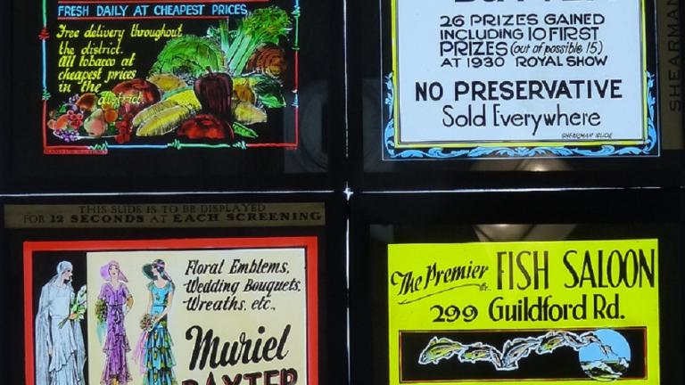 Four colourful cinema advertising glass slides from businesses on Guilford Road, Sydney.