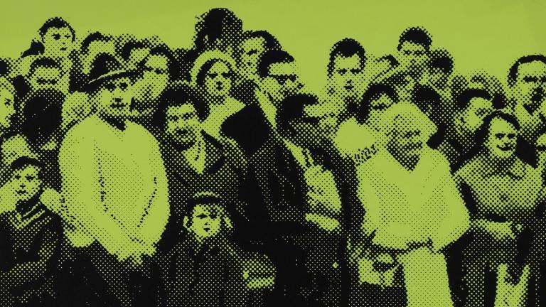 A poster showing a diverse group of people, with the text: Sydney Talks on Open Line. 1pm Mon to Fri on 2UE