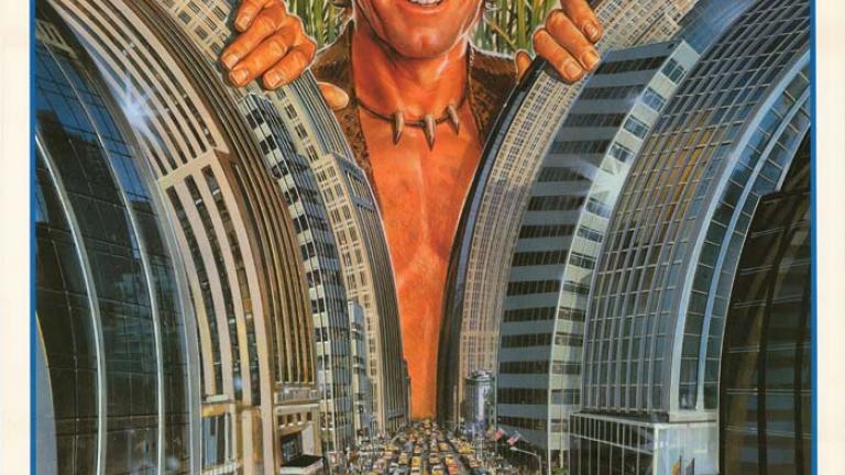 Japanese Crocodile Dundee poster Japanese film poster for Crocodile Dundee showing Mick Dundee smiling as he parts New York City skyscrapers with his hands
