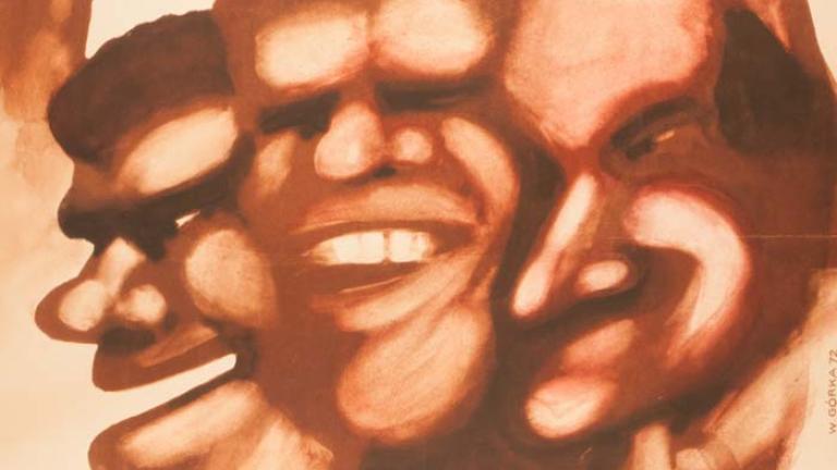 Wake in Fright film poster from Poland showing drawing of angry men holding guns and knives