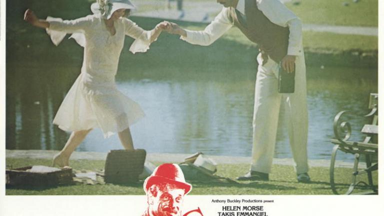 Caddie lobby card with and Takis Emmanuel as Peter holding the hand of Helen Morse as Caddie while they picnic in a park by a pond. 