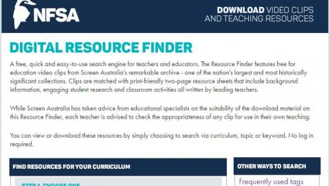 Screenshot of the Digital Resource Finder website. Image contains while NFSA logo with navy blue background, introductory text to the website, and a search box.