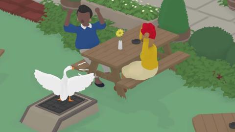 An screenshot from the animated Untitled Goose Game showing a goose on a chair honking at two startled women sitting at an outdoor table