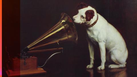 A painting of the mascot terrier Nipper listening to a gramophone