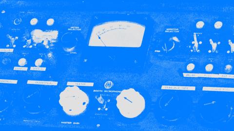 A close-up image of dials and switches on a sound recording board. The image has been tinted blue