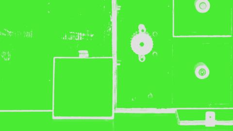 An abstracted close-up view of audio equipment that has been tinted bright green