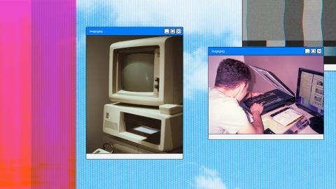 A blue-sky-and-white-clouds computer desktop overlaid with three window boxes variously featuring: a 1980s personal computer and monitor with floppy disc, an abstract pattern and a photo of a person adjusting computer equipment