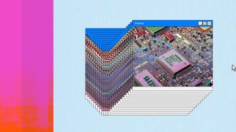 A computer screen featuring an accordion of overlapping images of a computer circuit board